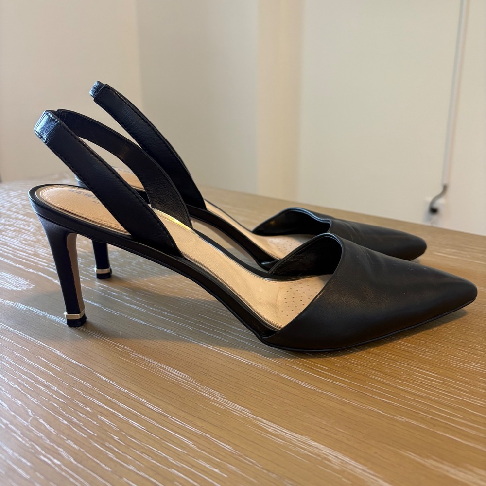 Kenneth Cole New York Riley 70 Slingback Pumps Black Leather Pointed Toe Heel 10